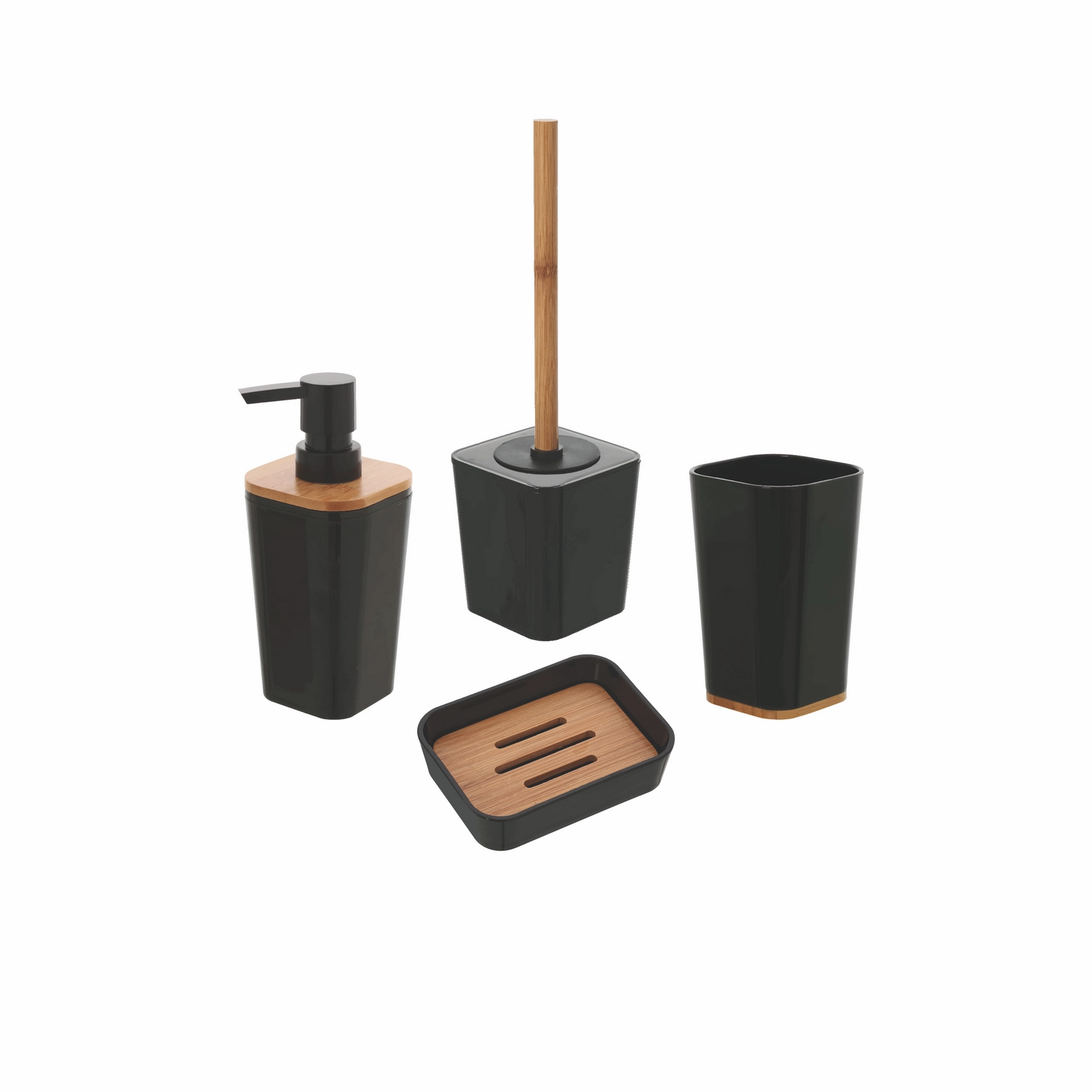 Set completo 4 accessori bagno nero effetto legno | Bamboo
