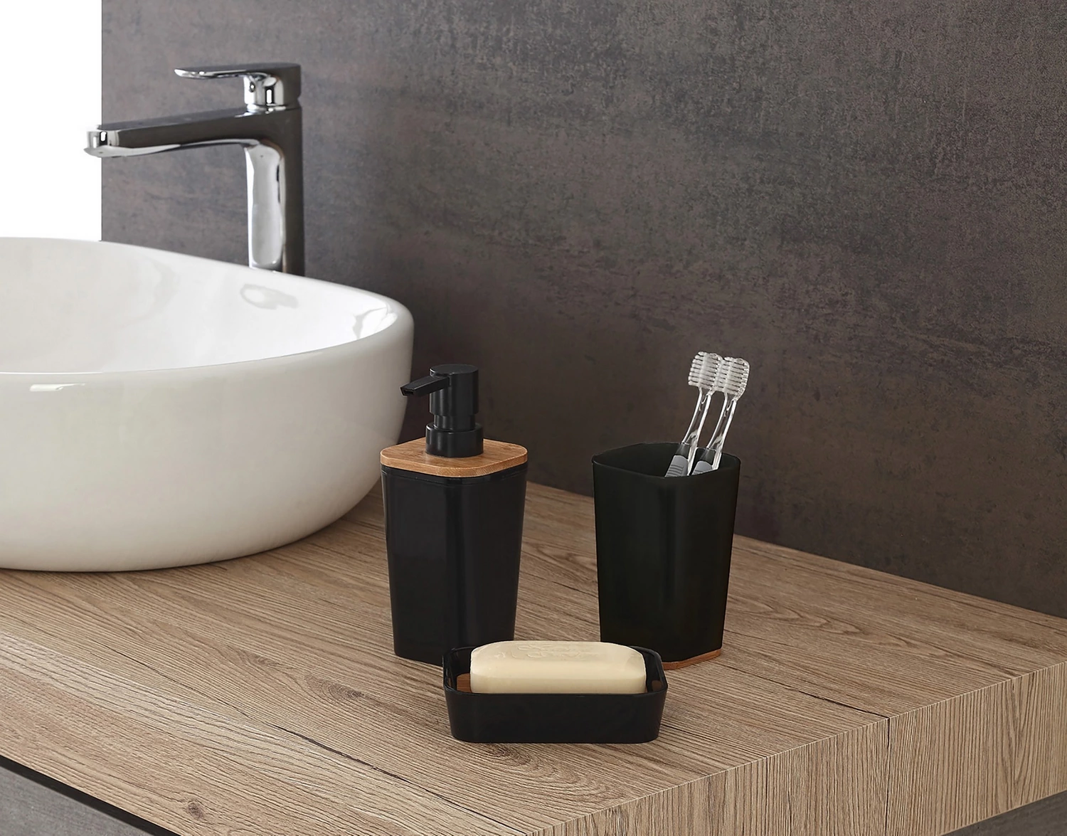 Set completo 4 accessori bagno nero effetto legno | Bamboo