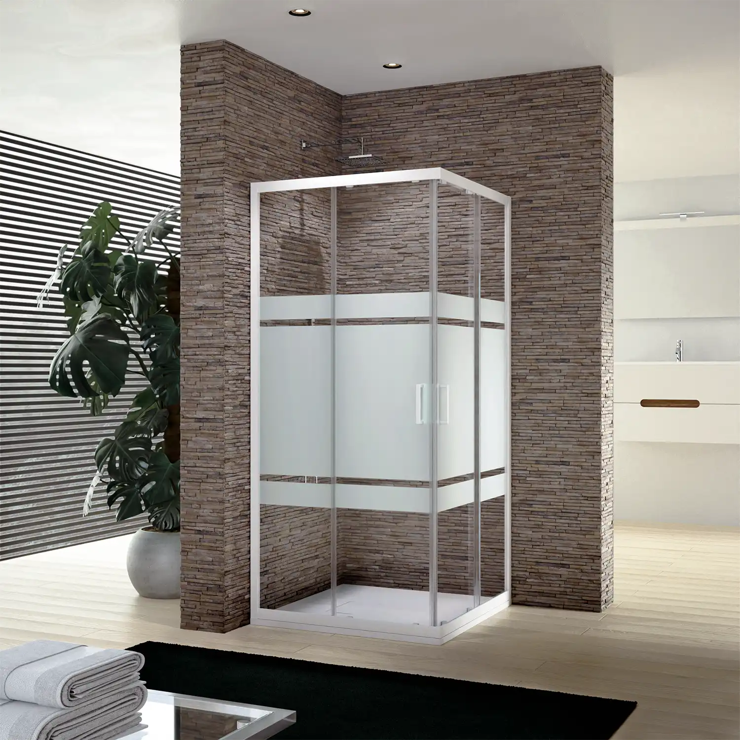Box doccia 90x90 cm apertura angolare profili alluminio bianco e cristalli temperati da 4mm Serigrafato | Ibiza