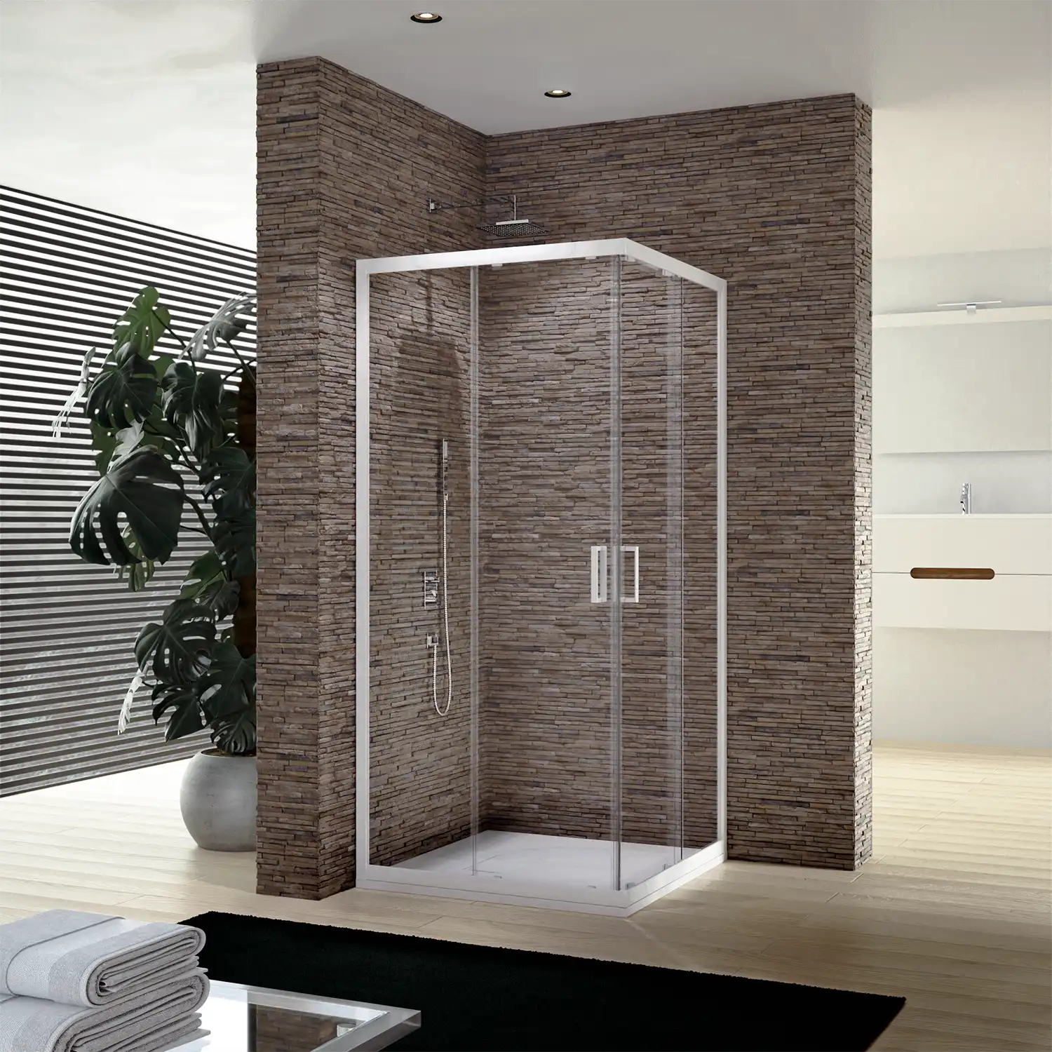 Box doccia 90x90 cm apertura angolare profili alluminio bianco e cristalli temperati da 4mm Trasparente | Ibiza