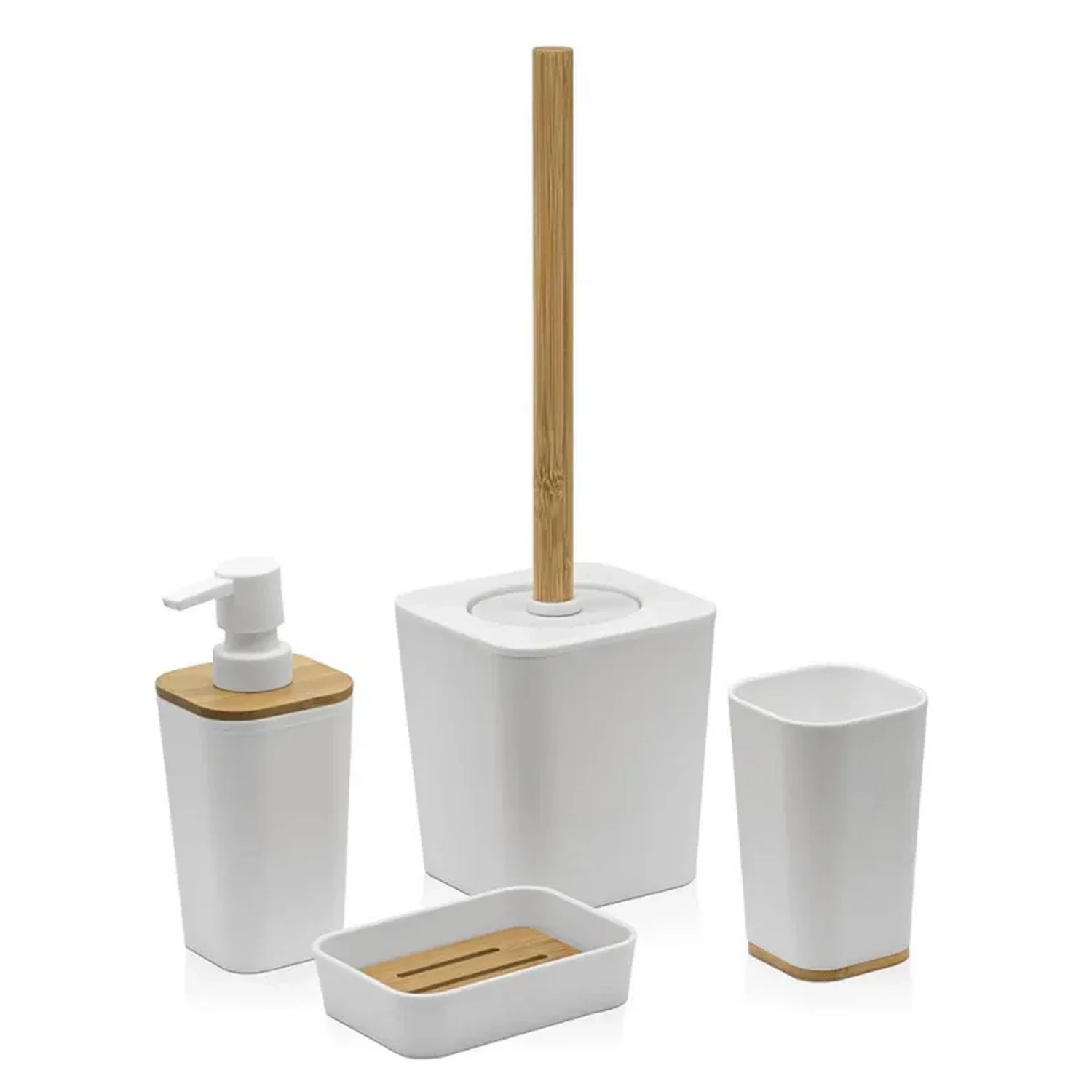 Set completo 4 accessori bagno bianco effetto legno | Bamboo