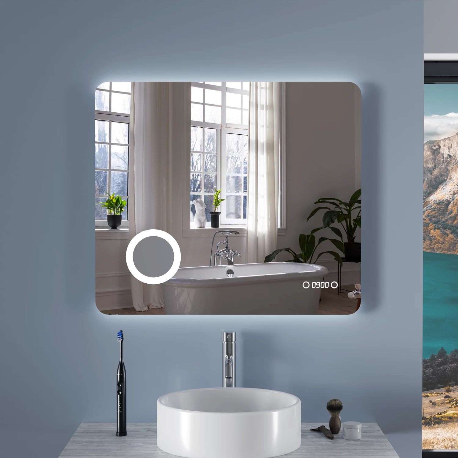 Specchio led bagno 70x120 cm retroilluminato con touch-screen, ingranditore e orologio digitale | Han