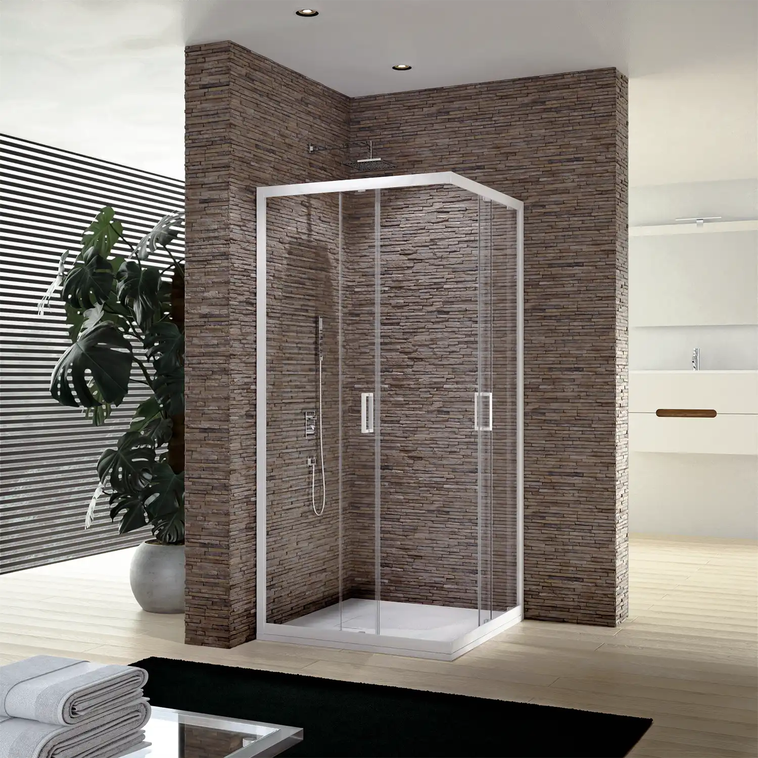 Box doccia 70x90 cm apertura angolare profili alluminio bianco e cristalli temperati da 4mm Trasparente | Ibiza