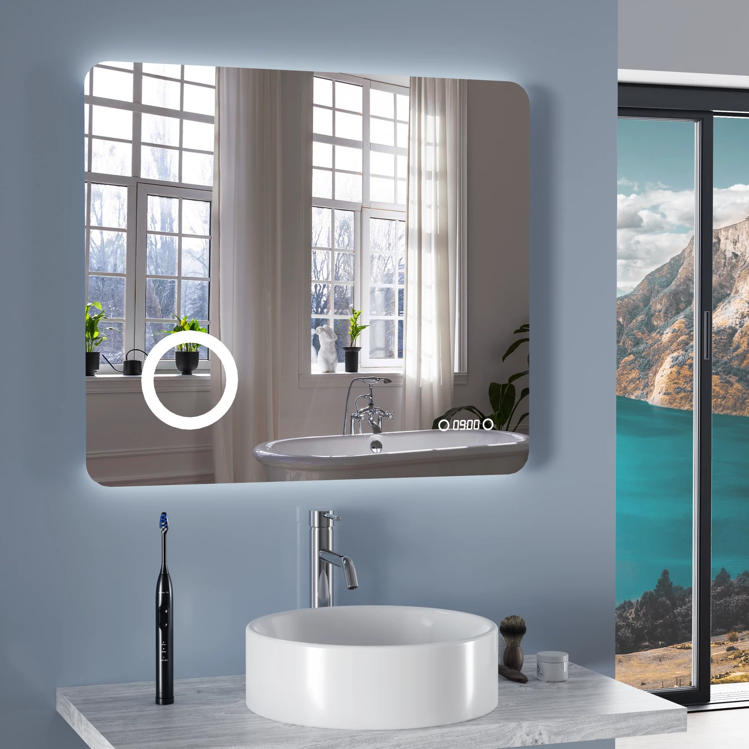 Specchio led bagno 70x80 cm retroilluminato con touch-screen, ingranditore e orologio digitale | Han