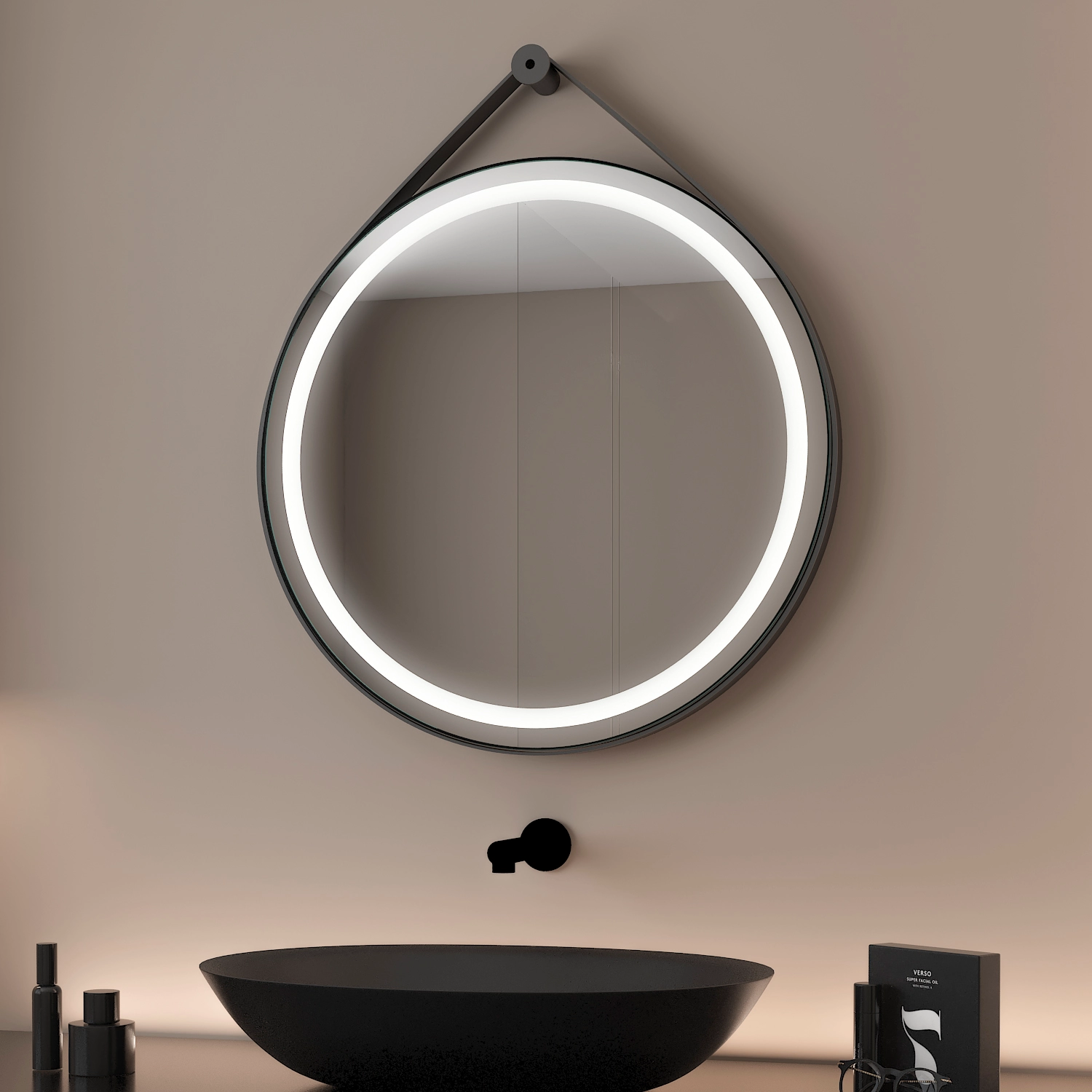 Specchio led bagno diametro 70 cm cornice in ecopelle nera